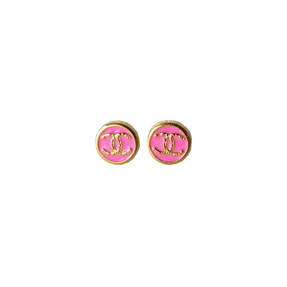Chanel CC Mini Round Earrings Gold Pink - Picture 1 of 2